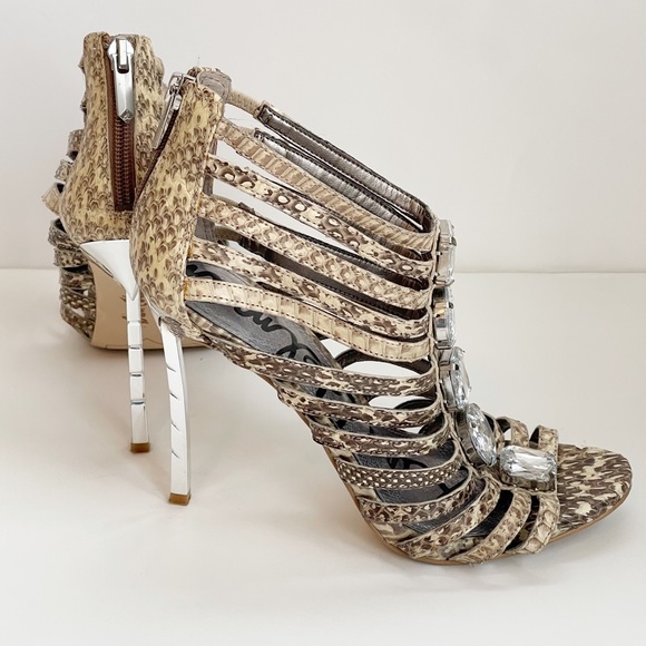 Sam Edelman Hampton Leather Snakeskin Print Caged Sandal Heel Shoe - Picture 4 of 7